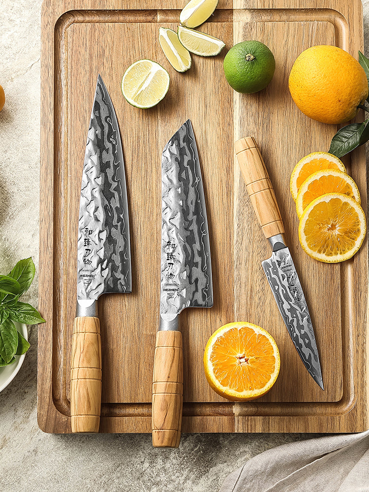 HEZHEN 3PCS Kitchen Knife Set, 9-Layer Damacus Steel Chef Santoku Utility Knife, Wooden Handle Design,Kitchen Cooking Knives