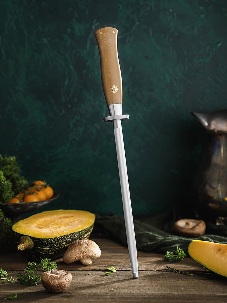 HEZHEN Professional High Carbon Steel Chrome Plated Sharpening Rod with Linen Micarta Ergonomic Handle, Kitchen Knife Honing Steel for Home & Chef Use