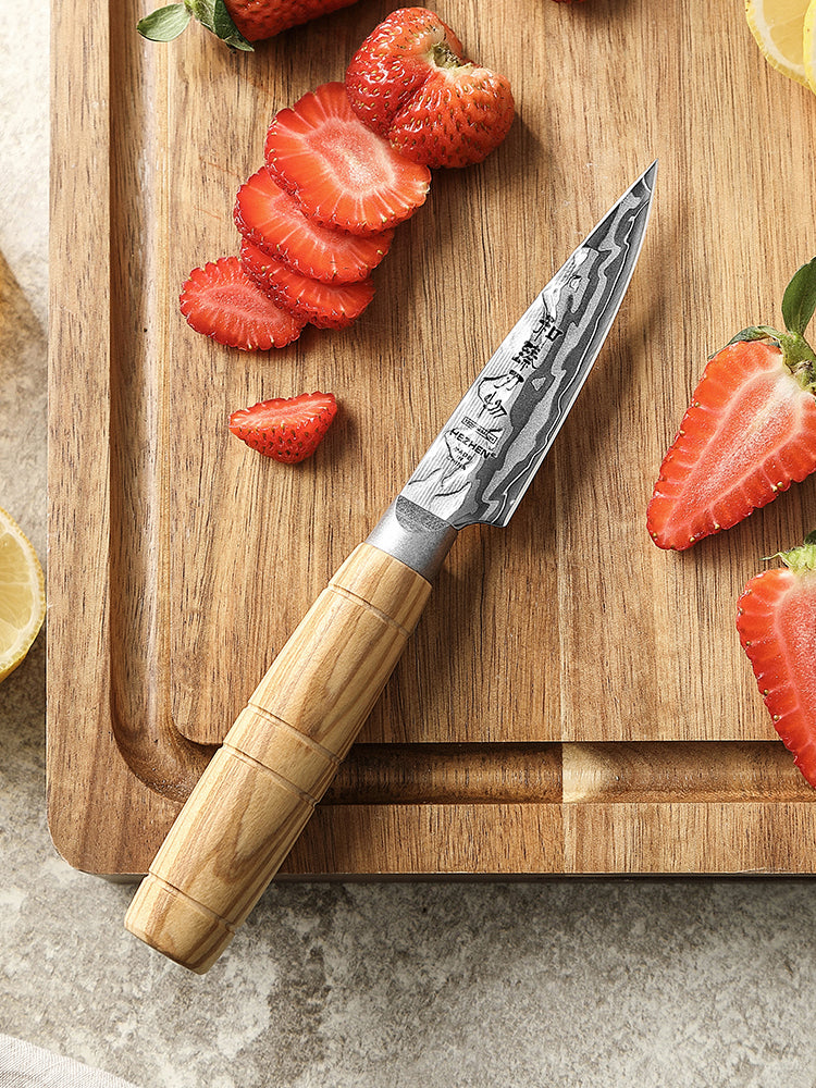 HEZHEN 9-Layer Forged Damascus Paring Knife, 12Cr18MoV Steel 60±2HRC Sharp Fruit Knife, Ergonomic Olive Wood Handle for Peeling & Slicing