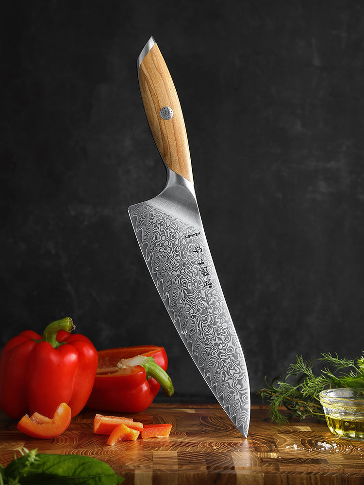 HEZHEN 8 Inches Chef Knife, 73 Layers Damascus Powder Steel, Olive Wood Handle, Gift Ready-Flagship Series