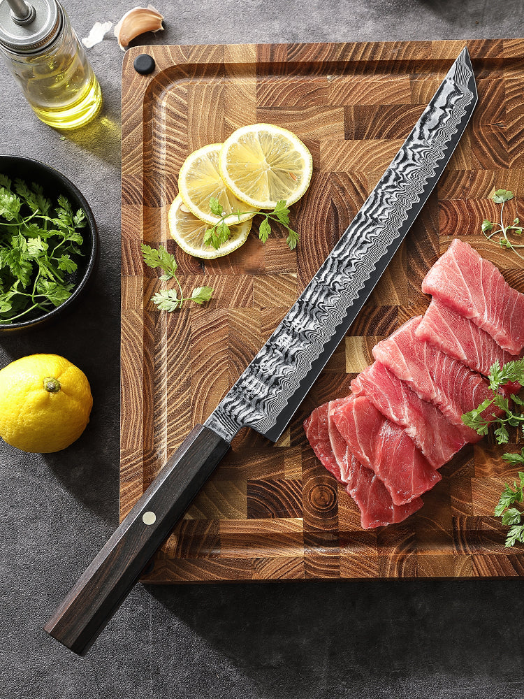 HEZHEN 10 Inch Japanese Sakimaru Knife, 67-layers Damascus Steel, Ergonomic Ebony Wood Handle, Smooth Precision Slicing Kitchen Knife