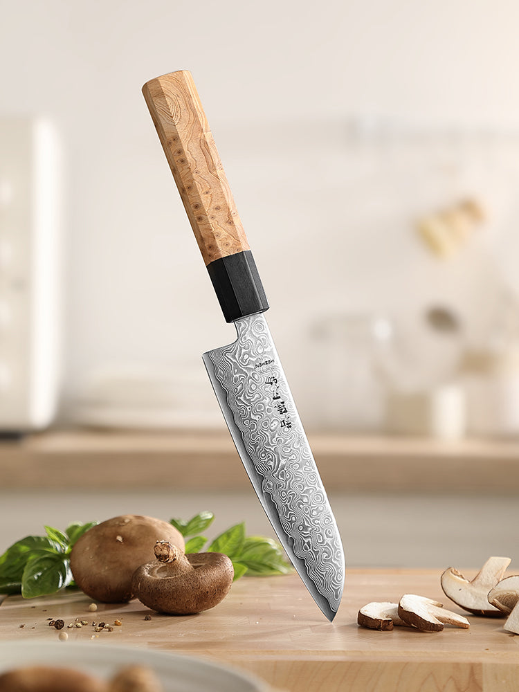 HEZHEN 5.5 Inch Japanese Santoku Knife, Blue Steel No.2 Carbon Steel Core Damascus Blade, Figured Sycamore Wood Handle