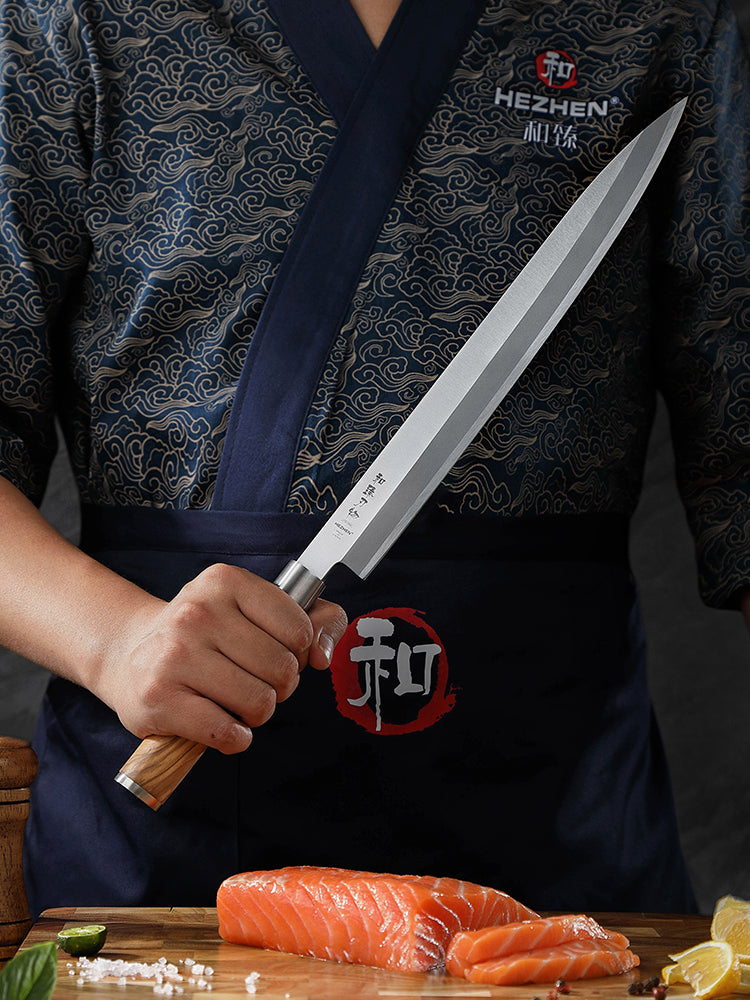 HEZHEN Professional Sashimi Knife 30cm X7Cr17MoV Forged Steel Perfect Balance, Olive Wood Comfort Handle