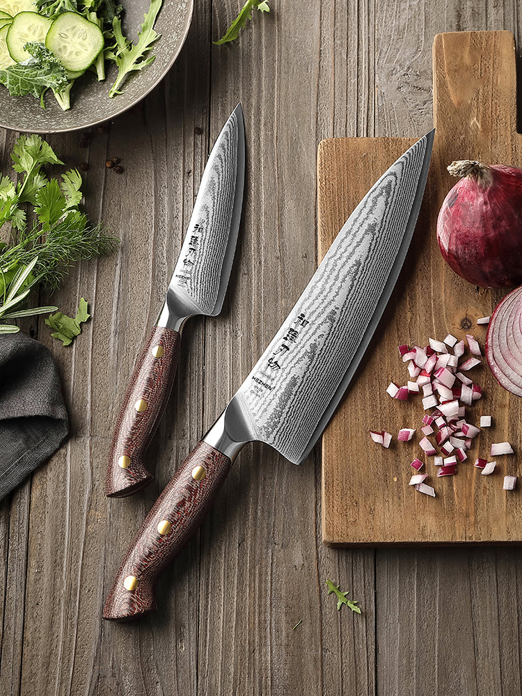HEZHEN 2-Piece Damascus Steel Knife Set with  High-Carbon 67-Layer Damascus Steel Utility Knife and Chef Knife For Meat Vegetables Fruits and Daily Meal Prep