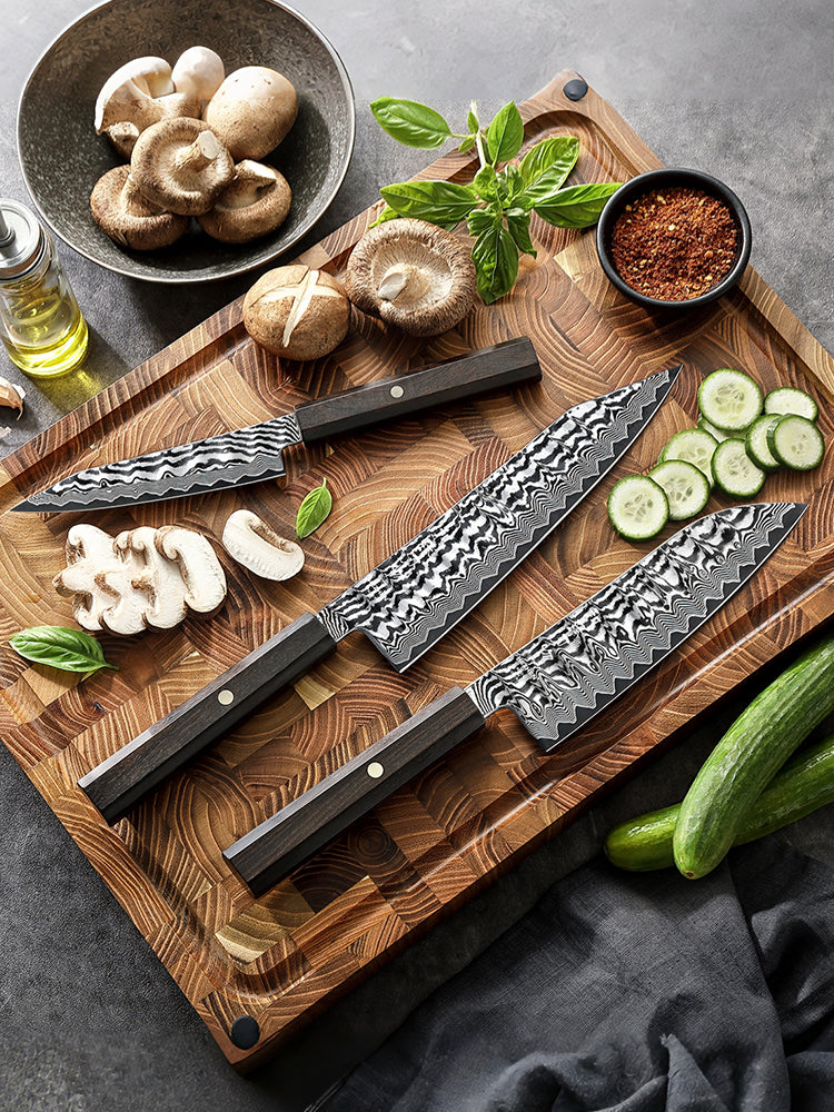 HEZHEN 3PCS Damascus Kitchen Knife Set, Utility + Santoku + Bunka Knife, 10Cr15CoMoV Steel Core, Unique Wavy Hammered Pattern