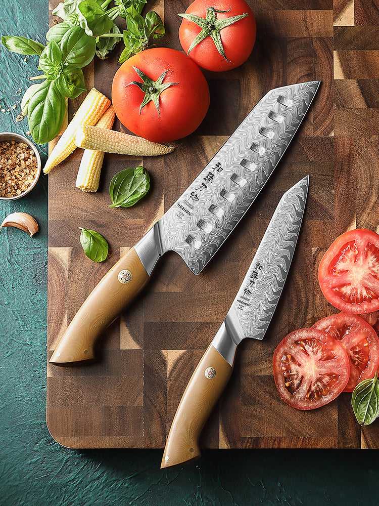 HEZHEN 2PCS Santoku & Utility Knife Set, 67-Layer Damascus Steel,High Hardness Steel Blade, Non-Slip Linen Micarta Handle, Multipurpose Precision Cutting Knives for Everyday Household Food Prep