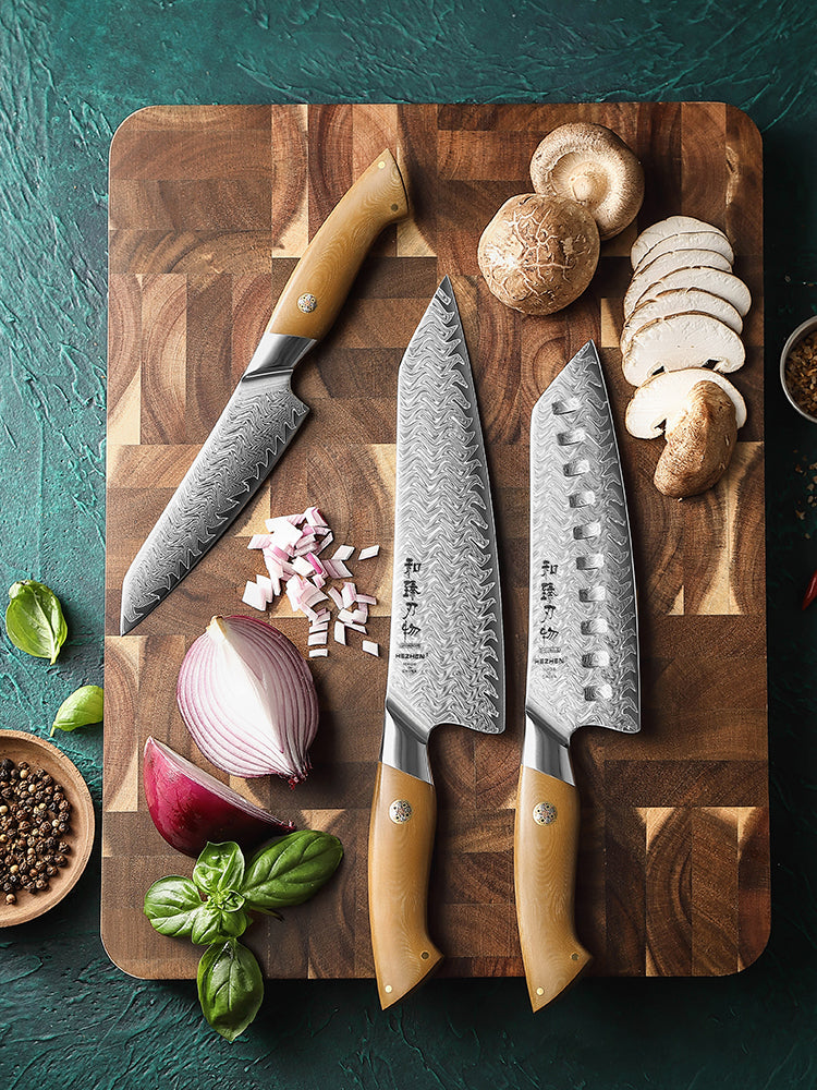 HEZHEN 3PCS Damascus Kitchen Knife Collection, Chef + Santoku + Utility Knives, Complete Home Prep Knife Set, 67-Layer Forged Steel & Linen Micarta Handle