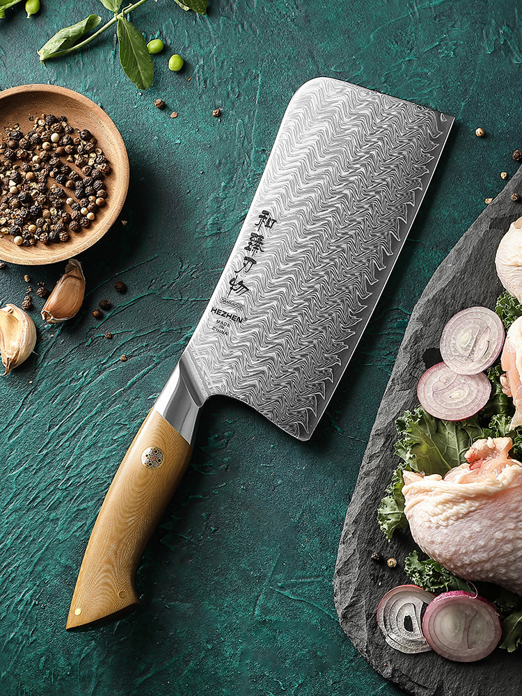HEZHEN 7 Inches Chinese Bone Choping Knife, 67 Layers Damascus Steel with Linen Micarta Handle, Gift Box Package- B38L Series