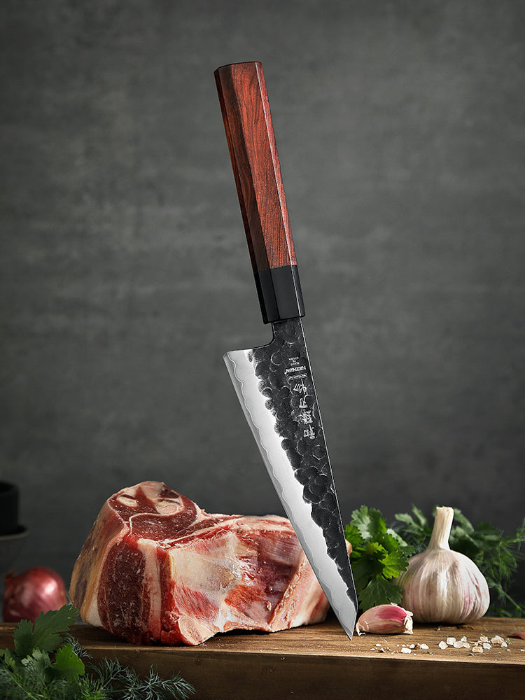 HEZHEN 6 Inches Multipurpose Knife,3 Layers Composite Steel,Stone Washed Frosted Finish,Octagonal Red Wood Handle