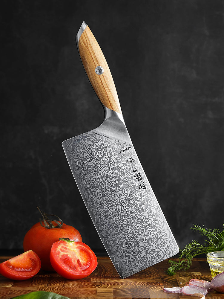 HEZHEN 7 Inches Meat Cleaver Knife, 73 Layers Damascus Powder Steel, Olive Wood Handle, Gift Ready-Flagship Series