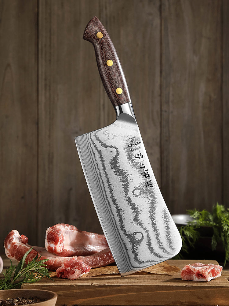 HEZHEN 6.9 Inches 67-Layer Damascus Bone Chopper – 7Cr17MoV Steel, Ergonomic Micarta Handle