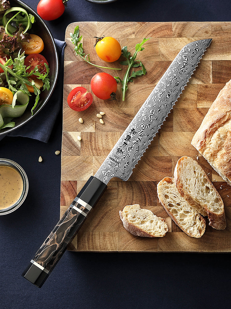 HEZHEN 8.3 Inch Serrated Bread Knife 49-Layer Hitachi ZDP-189 Damascus Steel, Japanese Octagonal Ergonomic Resin Handle