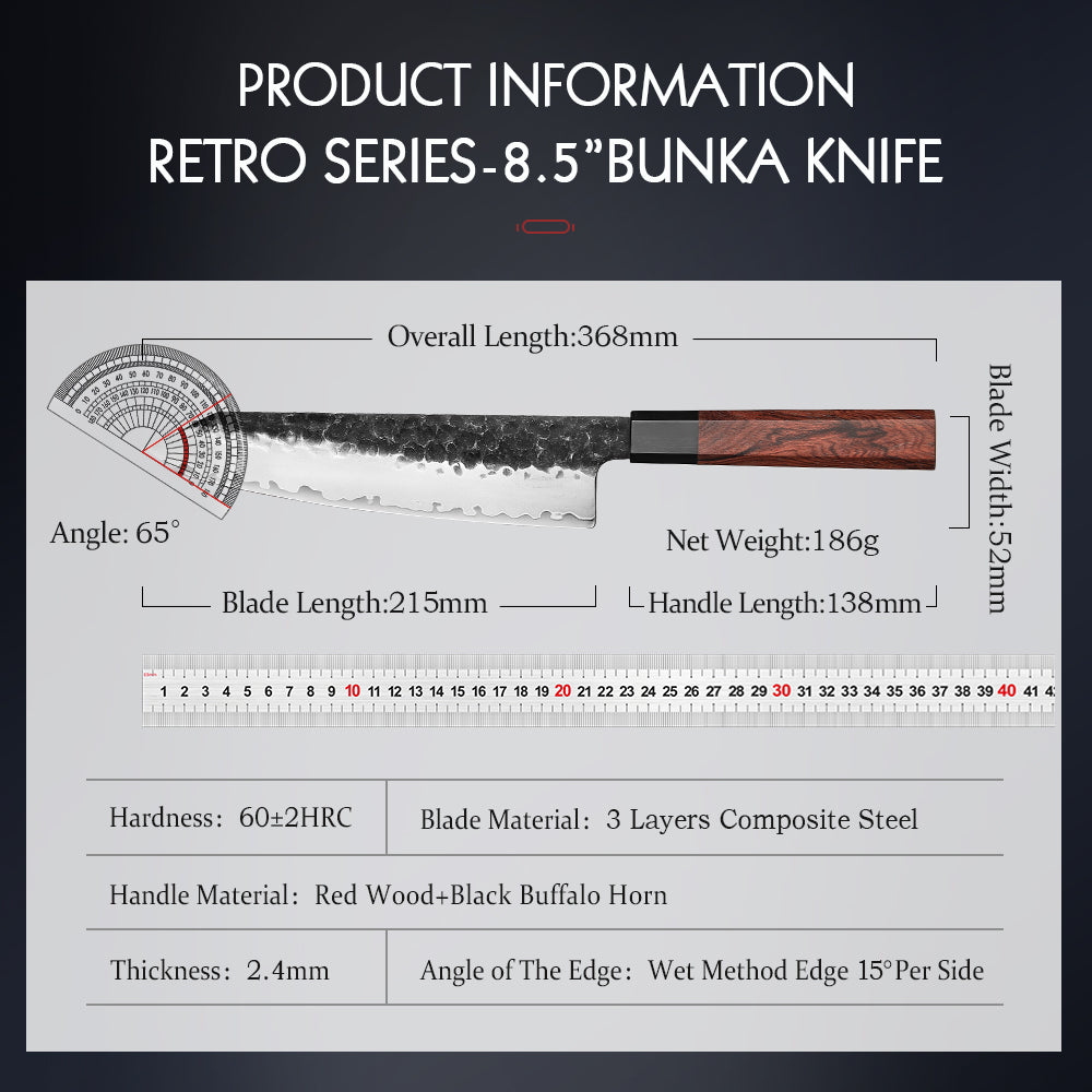 HEZHEN 8.5 Inch Japanese Bunka Knife 3-Layer Composite Steel,Core Hardness 60±2HRC,Practical Kitchen Utensils