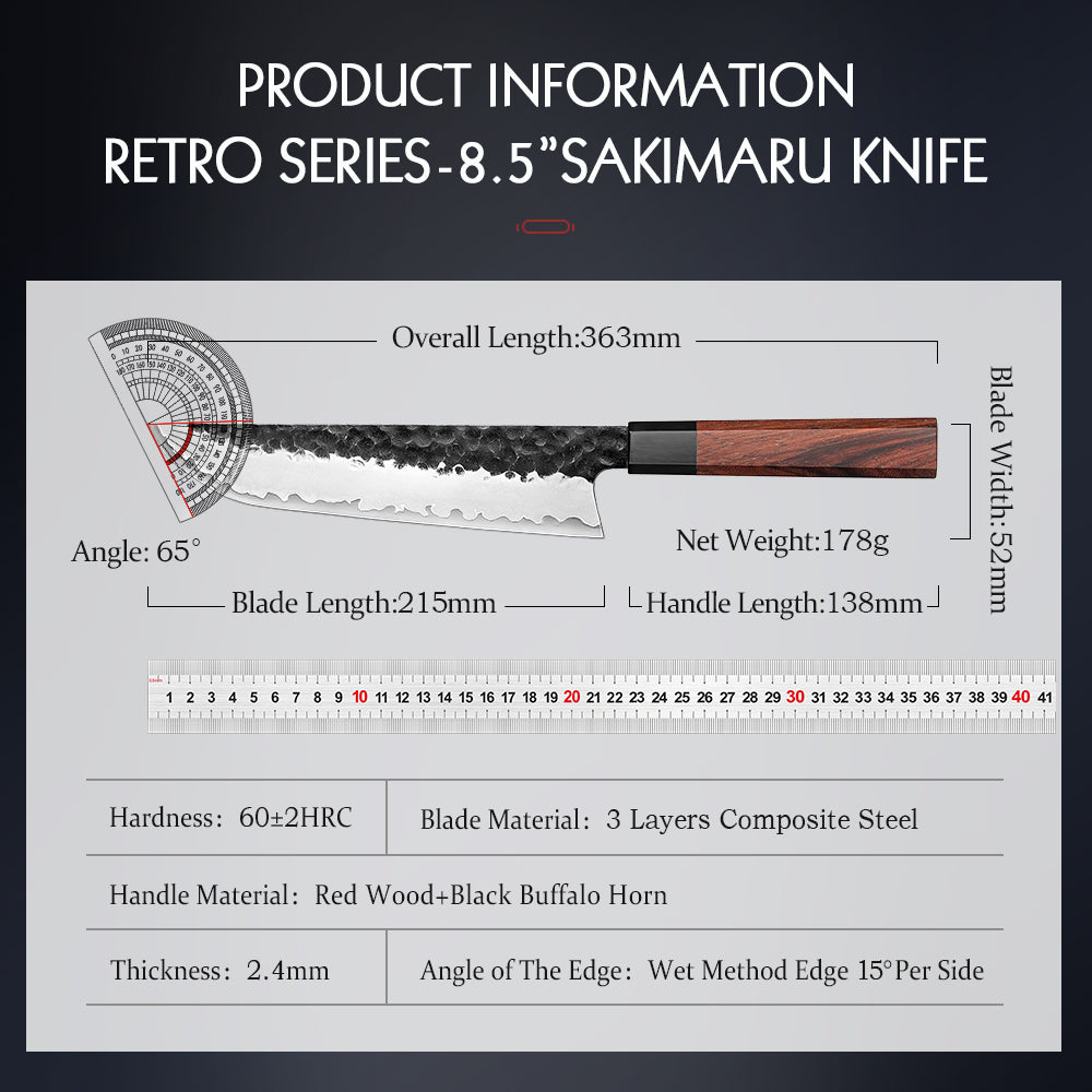 HEZHEN 8.5-Inch Sakimaru Knife Japanese-Style Slicing Knife with 3-Layer Composite Steel,15° Cutting Edge,ORed Wood Handle