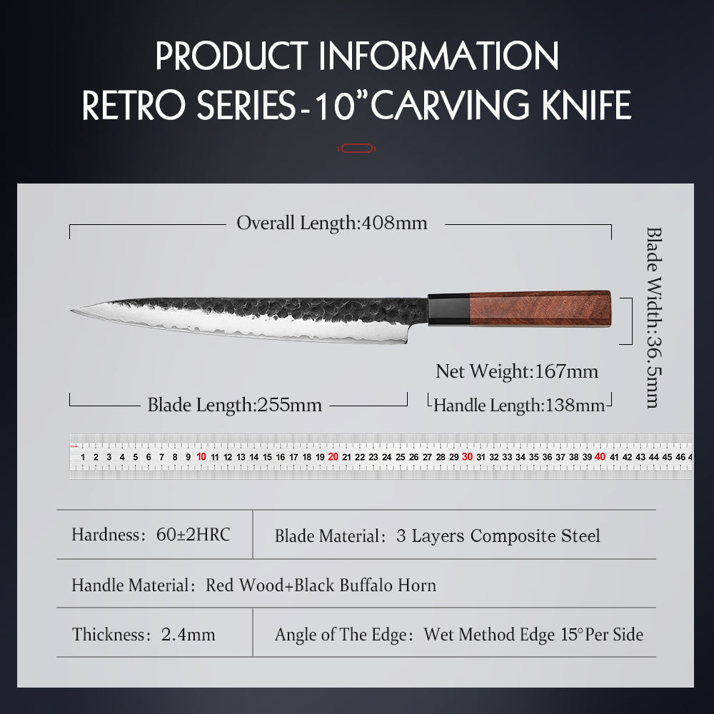 HEZHEN 10 Inches Carving Knife 3 Layers Composite Steel High-hardness Kitchen Knife Red Wood Handle