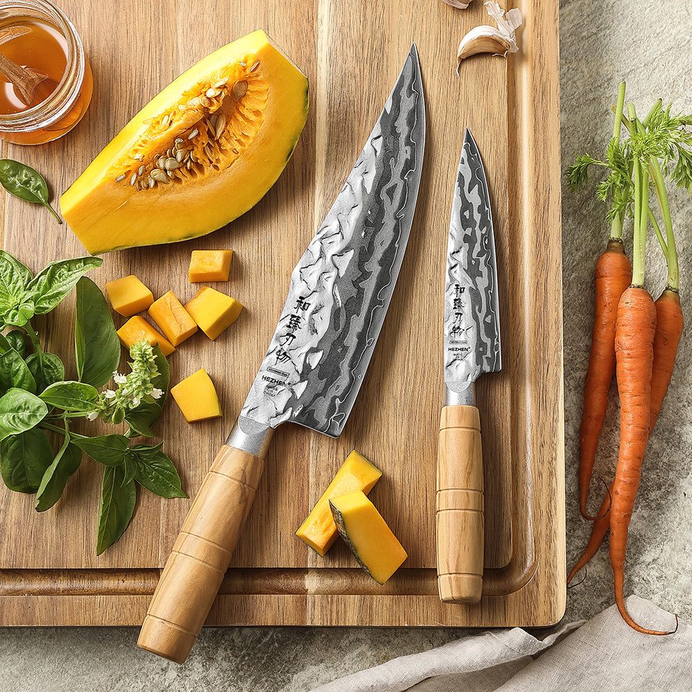 HEZHEN 2PCS Kitchen Knife Set, 9-Layer Forged Damascus Steel,W Chef & Utility Knife, 60±2HRC Ultra Sharp Blade