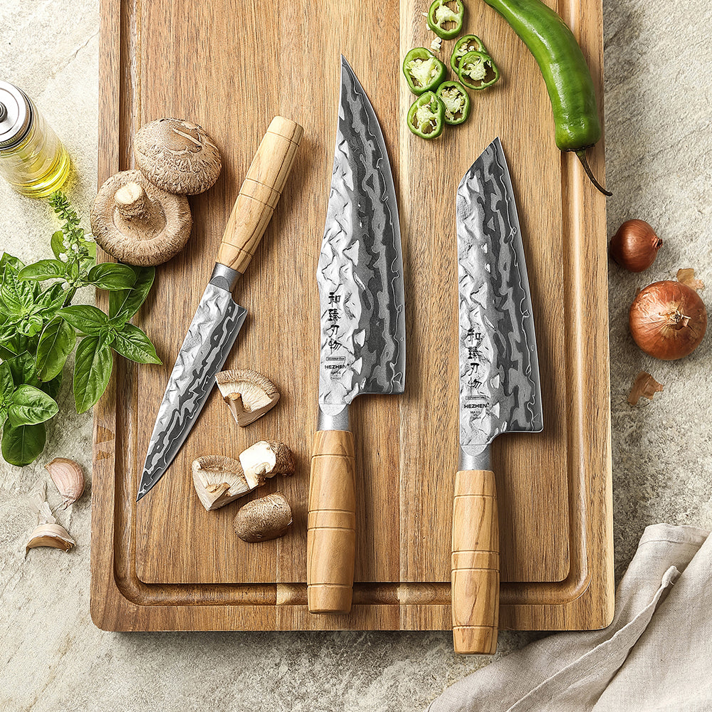 HEZHEN 3PCS Forged Damascus Knife Set, 12Cr18MoV Steel Core, Premium Olive Wood Handle with Copper Rivet, Home Cooking