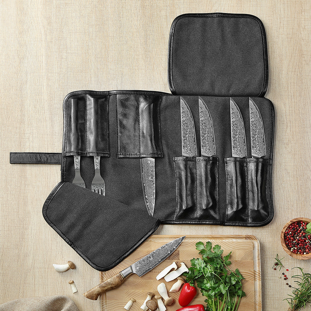 HEZHEN Microfiber Leather + Thickened Canvas  Chef Knife Roll Knife Storage Bag Kitchen Utensils