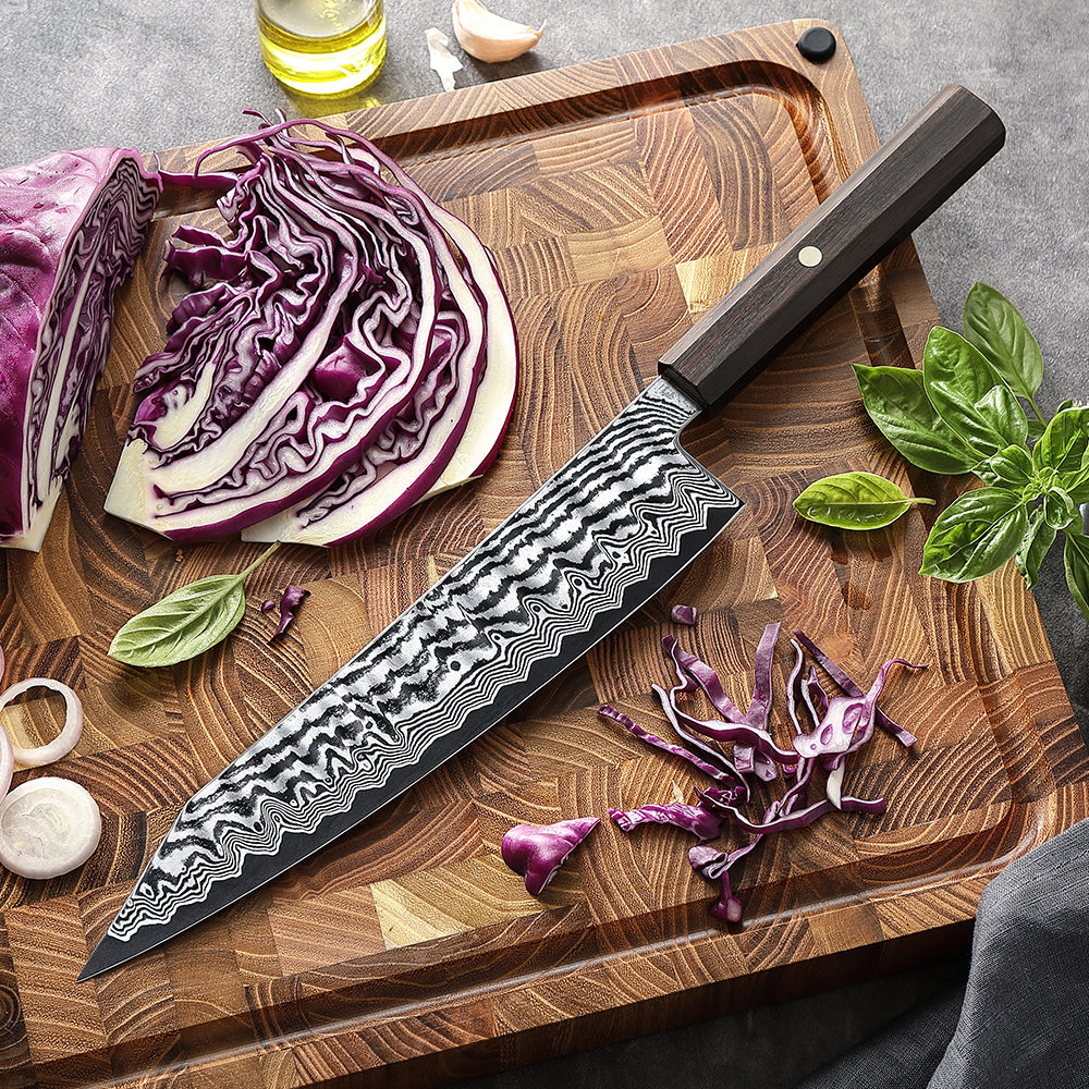 HEZHEN 9.5 Inch  Professional Bunka Knife, 67 Layers Damascus Super Steel, Handcrafted Wave Hammered Pattern