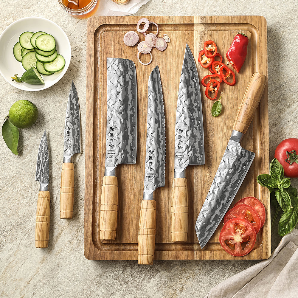 HEZHEN 6-Piece Damascus Knife Set,Forged 12Cr18MoV Core Damascus Steel,Mountain And River Pattern