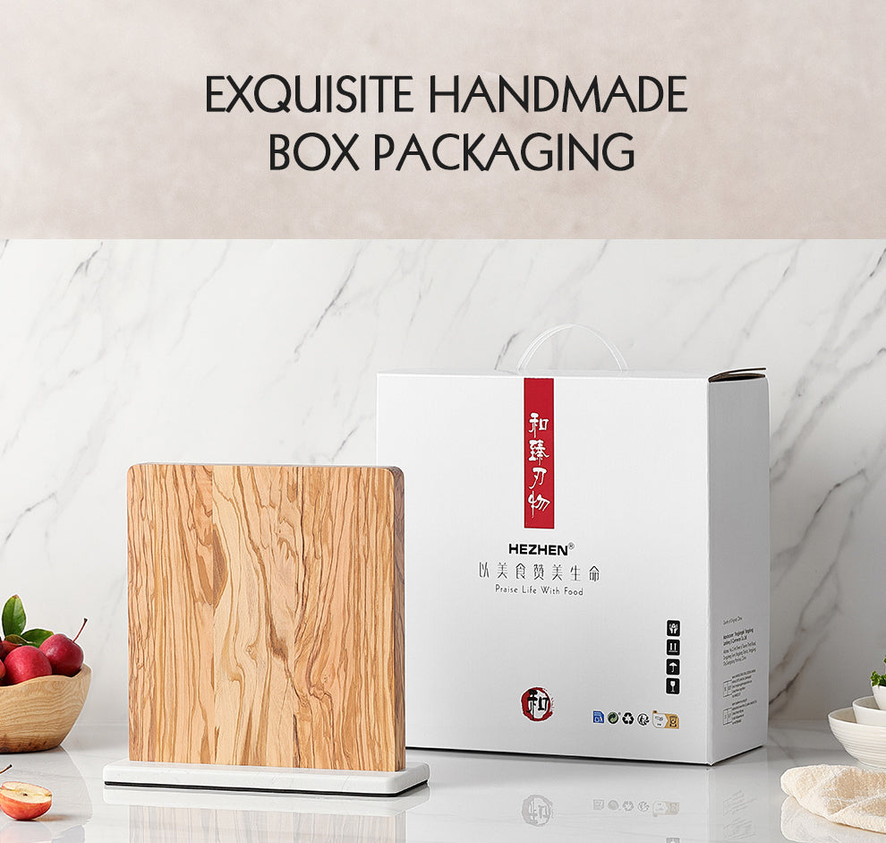 HEZHEN Dual-Side Magnetic Knife Holder | Olive Wood & Marble Base | Raw & Cooked Separation Design