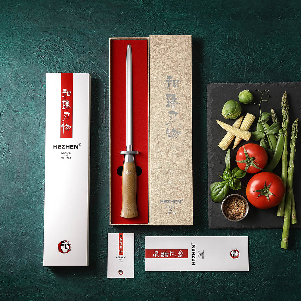 HEZHEN Professional High Carbon Steel Chrome Plated Sharpening Rod with Linen Micarta Ergonomic Handle, Kitchen Knife Honing Steel for Home & Chef Use