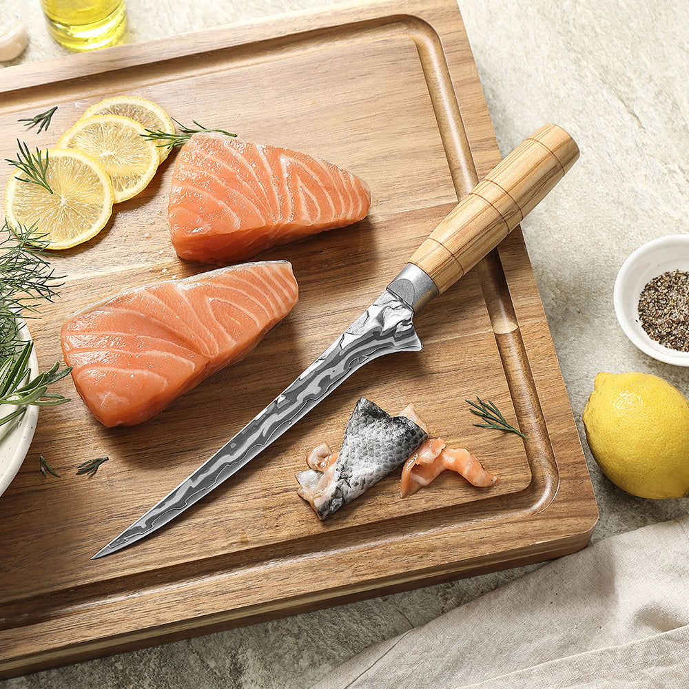 HEZHEN 7.2”Seafood Fillet Knife Professional 9-Layer Damascus,Razor Sharp Blade, Non-Slip Olive Wood Grip for Fish Deboning & Sashimi Cutting