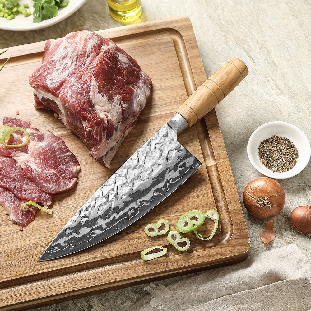 HEZHEN 8.1 Inches Butcher Knife Forged 12Cr18MoV Steel Core,Damascus Steel Blade,Ergonomic Olive Wood Handle,High Hardness Sharp Meat Cutting Knife
