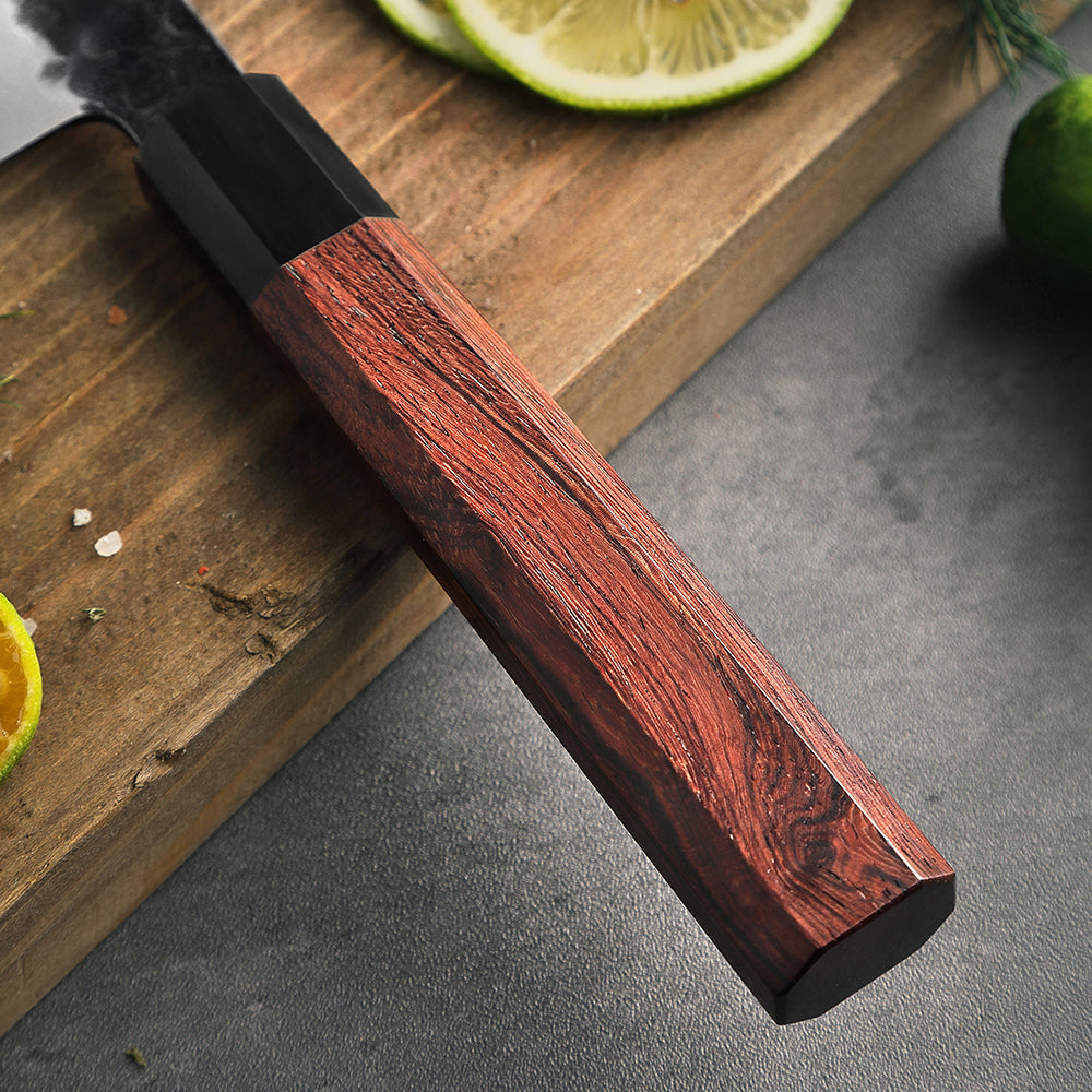 HEZHEN 6 Inches Multipurpose Knife,3 Layers Composite Steel,Stone Washed Frosted Finish,Octagonal Red Wood Handle
