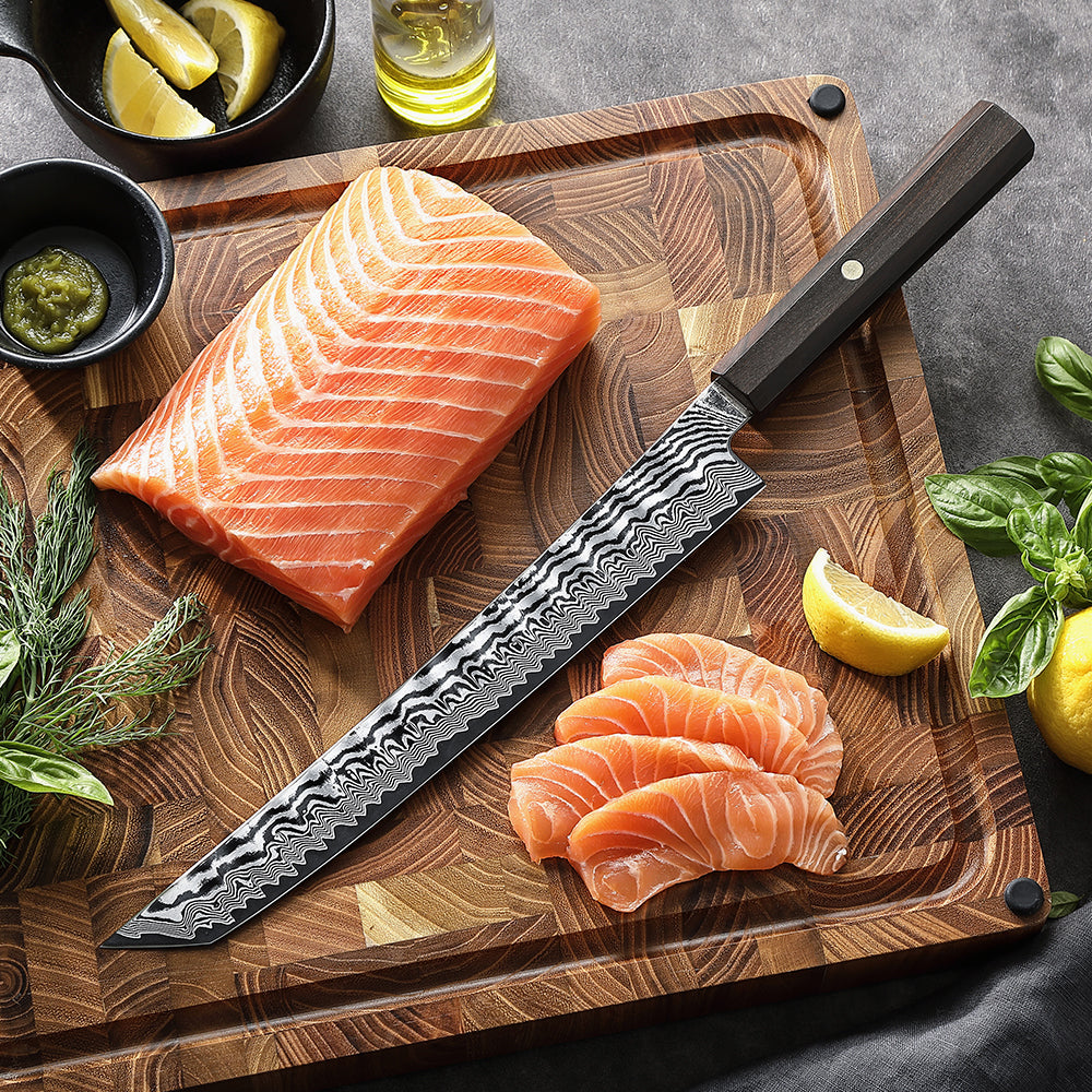 HEZHEN 10 Inch Japanese Sakimaru Knife, 67-layers Damascus Steel, Ergonomic Ebony Wood Handle, Smooth Precision Slicing Kitchen Knife