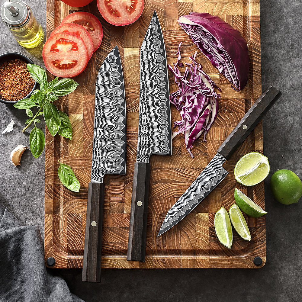 HEZHEN 3PCS Damascus Kitchen Knife Set, Utility + Santoku + Bunka Knife, 10Cr15CoMoV Steel Core, Unique Wavy Hammered Pattern