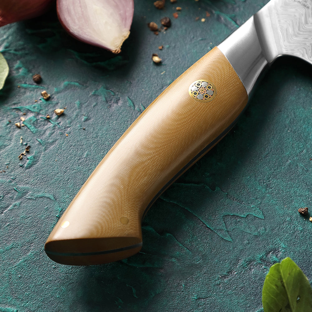 HEZHEN 7 Inches Chinese Bone Choping Knife, 67 Layers Damascus Steel with Linen Micarta Handle, Gift Box Package- B38L Series
