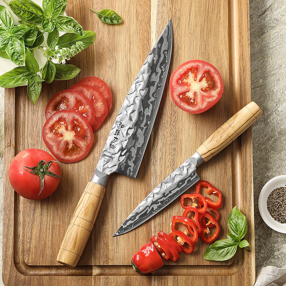 HEZHNE 2PCS Damascus Kitchen Knife Set, 9-Layer Forged 12Cr18MoV Steel Core Ultra Sharp Chef & Utility Knife, 60±2HRC Ergonomic Olive Wood Handle
