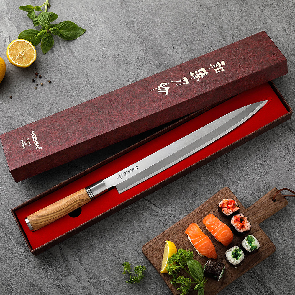 HEZHEN Professional Sashimi Knife 30cm X7Cr17MoV Forged Steel Perfect Balance, Olive Wood Comfort Handle