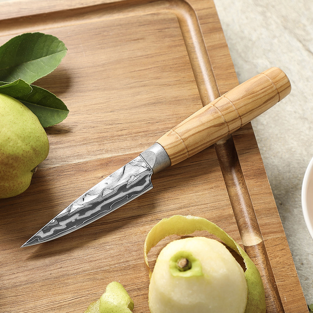 HEZHEN 9-Layer Forged Damascus Paring Knife, 12Cr18MoV Steel 60±2HRC Sharp Fruit Knife, Ergonomic Olive Wood Handle for Peeling & Slicing