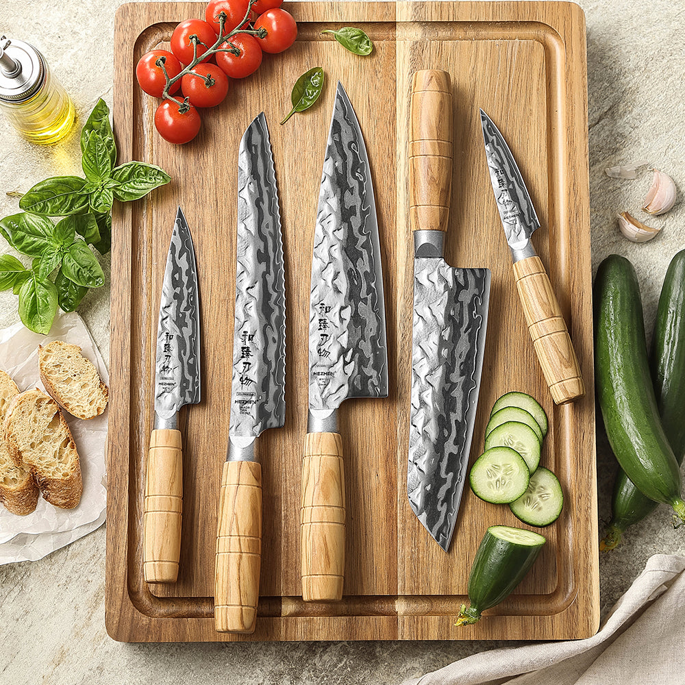 HEZHEN Professional 5PCS Kitchen Knife Set,9-Layer Damascus Steel,High Quality Olive Wood Handle,Multi-Purpose Kitchen Knives