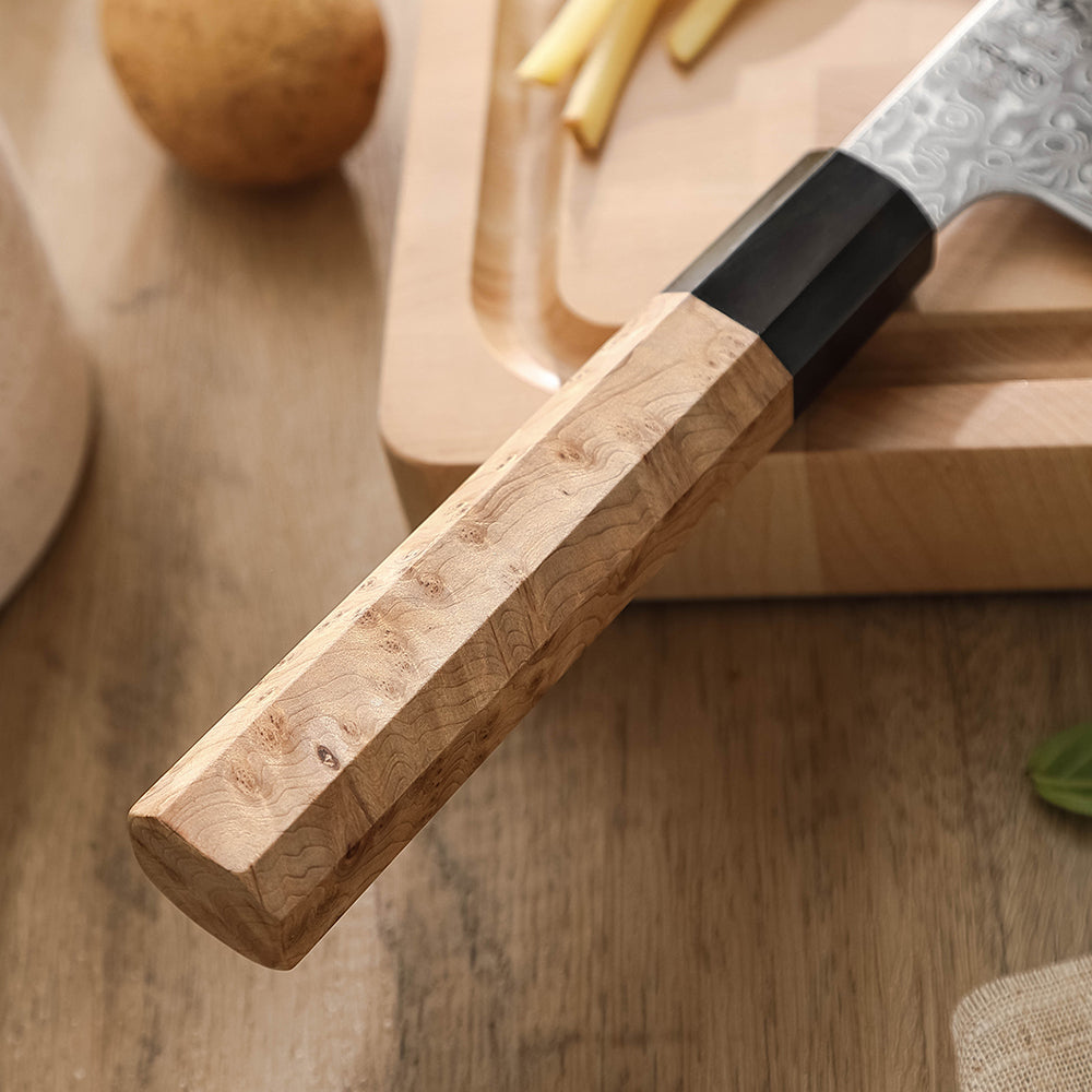 HEZHEN 8.5 Inches Bunka Knife, Blue Steel No.2 Carbon Steel Core Damascus Steel, Figured Sycamore Wood Handle