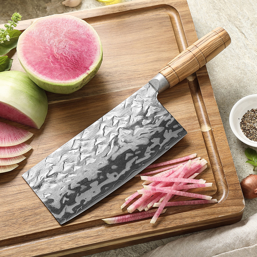 HEZHEN 7.1 Inches Cleaver Knife– 12Cr18MoV Steel Core With Olive Wood Grip Everyday Cooking Knife