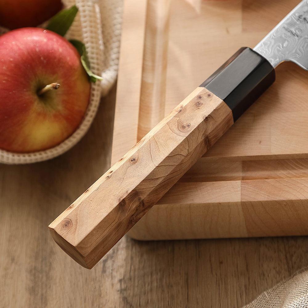 HEZHEN 5.5 Inch Japanese Santoku Knife, Blue Steel No.2 Carbon Steel Core Damascus Blade, Figured Sycamore Wood Handle