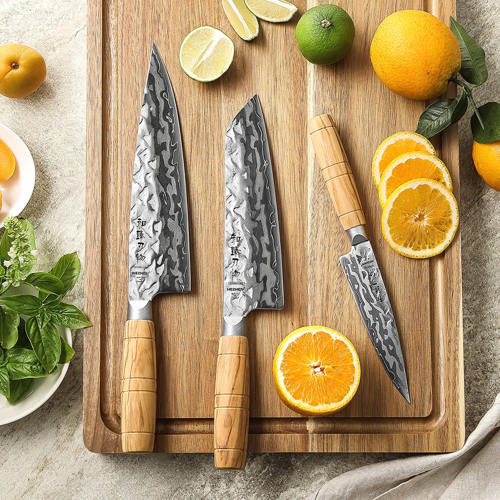 HEZHEN 3PCS Kitchen Knife Set, 9-Layer Damacus Steel Chef Santoku Utility Knife, Wooden Handle Design,Kitchen Cooking Knives