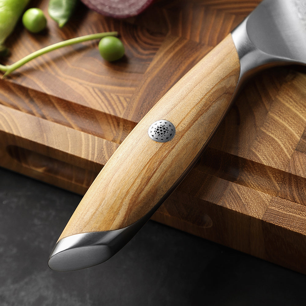 HEZHEN 7.5 Inches Santoku Knife, 73 Layers Damascus Powder Steel, Olive Wood Handle, Gift Ready-Flagship Series