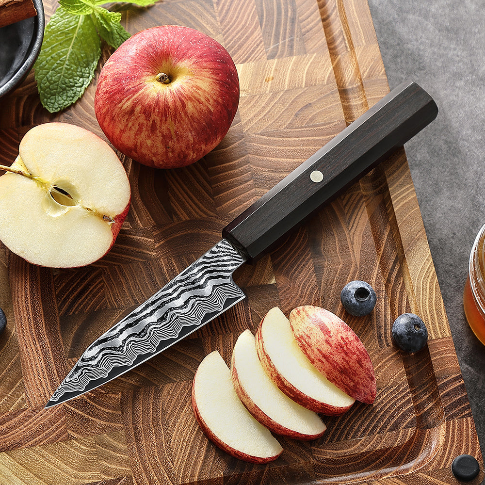 HEZHEN 4.1 Inch Damascus Paring Knife, 67-Layer Damascus Steel, Hand Forged Kitchen Fruit Knife, Ebony Wood Octagonal Ergonomic Handle