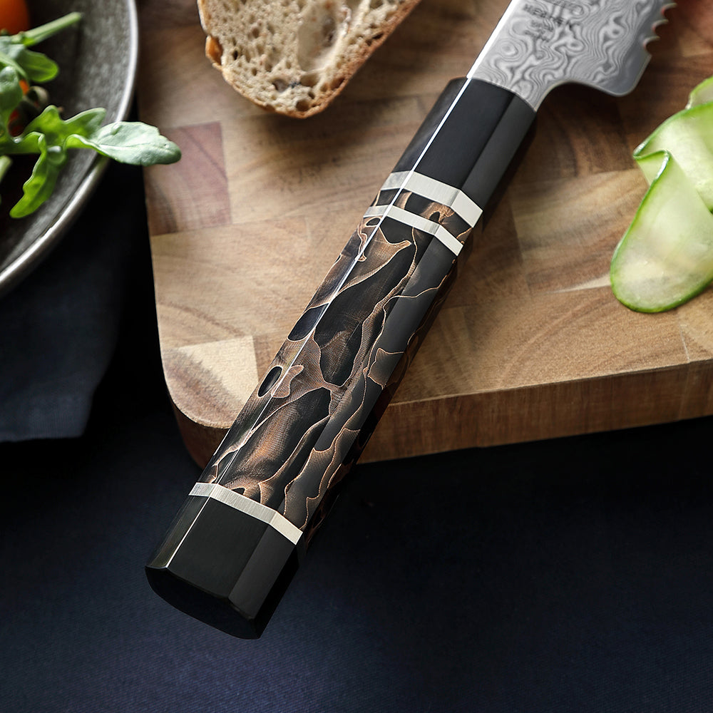 HEZHEN 8.3 Inch Serrated Bread Knife 49-Layer Hitachi ZDP-189 Damascus Steel, Japanese Octagonal Ergonomic Resin Handle