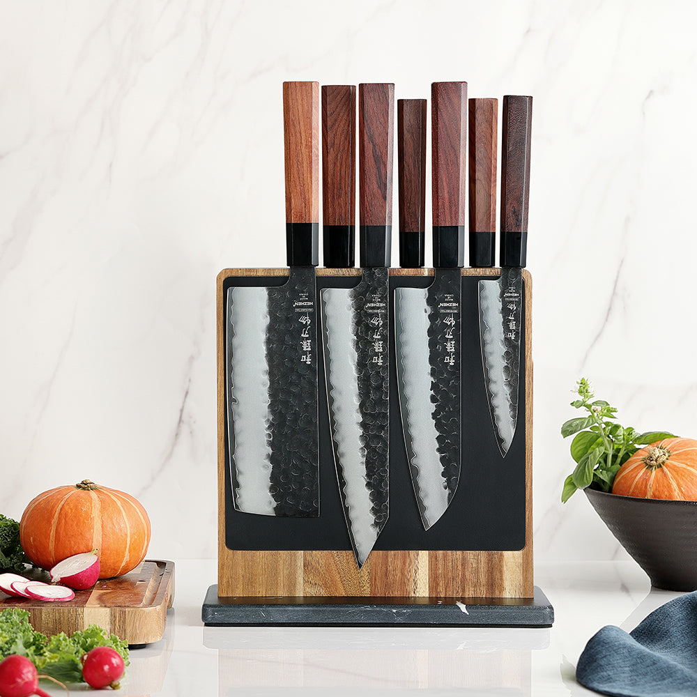 HEZHEN Dual-Side Magnetic Knife Holder with Leather Surfaces | Raw & Cooked Separation | Acacia Wood & Marble Base