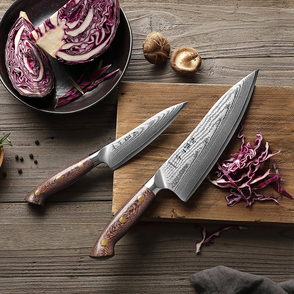 HEZHEN 2-Piece Damascus Steel Knife Set with  High-Carbon 67-Layer Damascus Steel Utility Knife and Chef Knife For Meat Vegetables Fruits and Daily Meal Prep