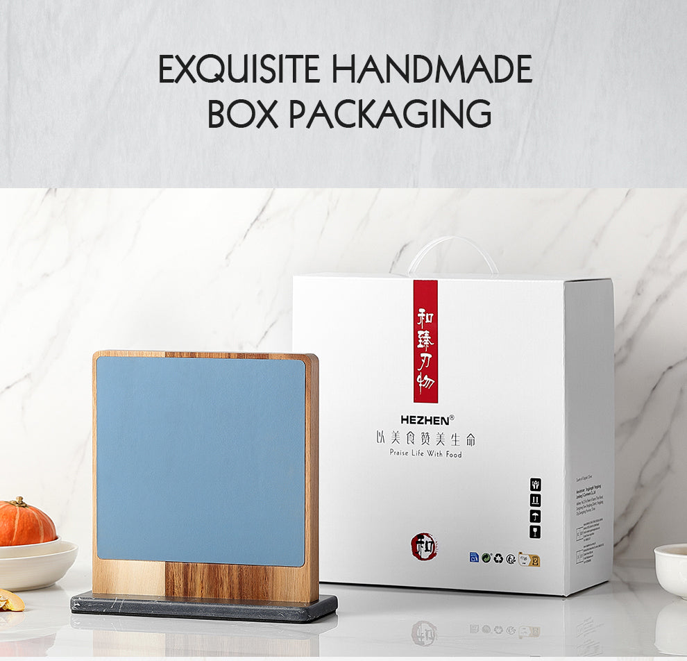 HEZHEN Dual-Side Magnetic Knife Holder with Leather Surfaces | Raw & Cooked Separation | Acacia Wood & Marble Base