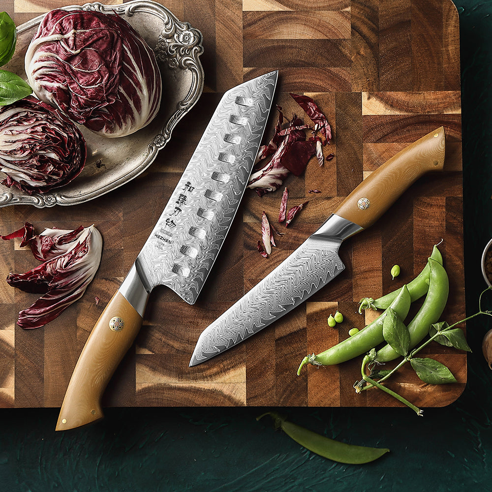 HEZHEN 2PCS Santoku & Utility Knife Set, 67-Layer Damascus Steel,High Hardness Steel Blade, Non-Slip Linen Micarta Handle, Multipurpose Precision Cutting Knives for Everyday Household Food Prep