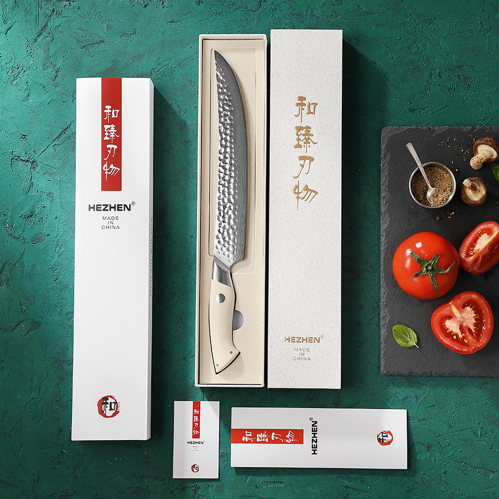 HEZHEN 10 Inches Carving Knife 67 Layers Forged Ivory White G10 Handle Perfect for Home Chefs & Gifting