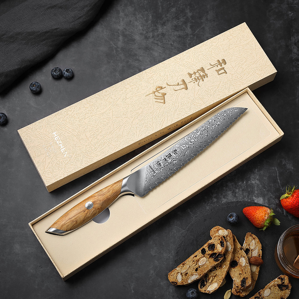 HEZHEN 8.5  Inches Serrated Bread Knife, 73 Layers Damascus Powder Steel, Olive Wood Handle, Gift Ready-Flagship Series