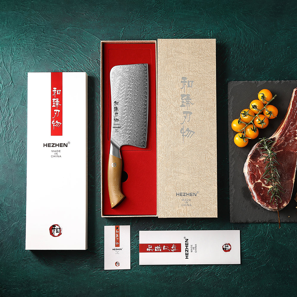 HEZHEN 7 Inches Chinese Bone Choping Knife, 67 Layers Damascus Steel with Linen Micarta Handle, Gift Box Package- B38L Series